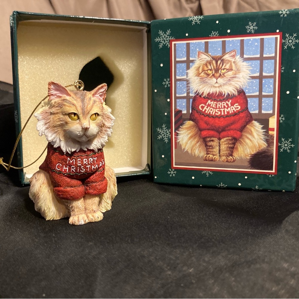 Festive Feline Christmas Ornament - Red and Cream